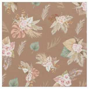 Pampas Grass & Flowers on Brown Fabric
