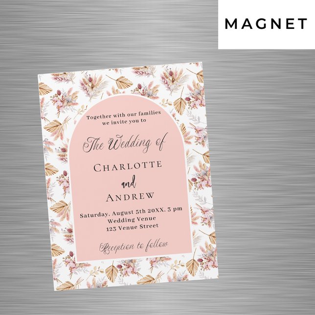 Pampas grass flowers rose gold boho luxury wedding magnetic invitation (Creator Uploaded)