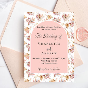 Pampas grass flowers rose gold boho wedding invitation