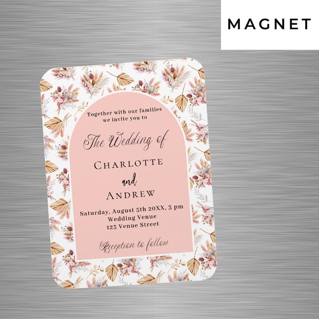 Pampas grass flowers rose gold wedding invitation magnet (Creator Uploaded)
