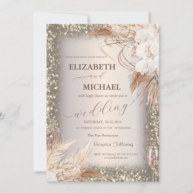 Pampas Grass Flowers Sequins Frame Invitation (Front)