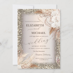 Pampas Grass Flowers Sequins Frame Invitation
