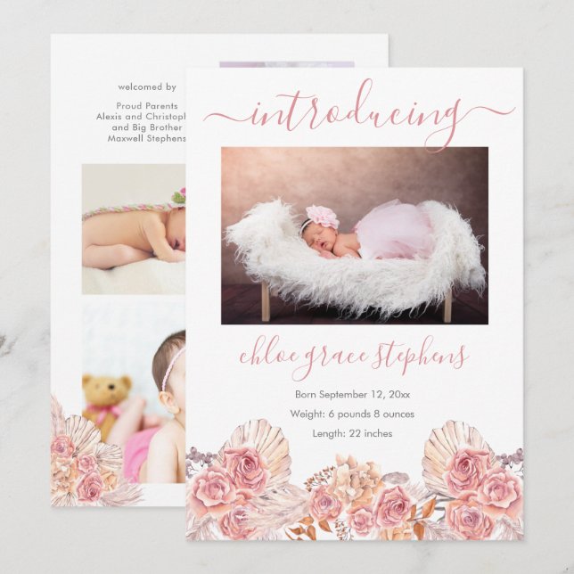Pampas Grass Girl 4 Photo Collage Birth Announcement (Front/Back)