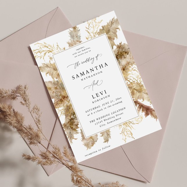 Pampas Grass & Gold Boho Wedding V2 Invitation (Creator Uploaded)