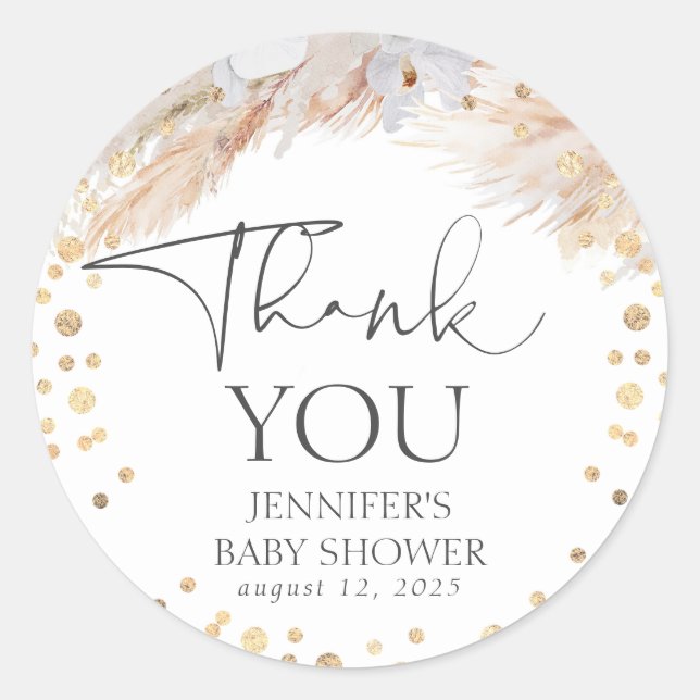 Pampas Grass Gold Confetti Thank You Classic Round Sticker (Front)