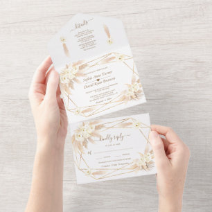 Pampas Grass Gold Monogram All in One Wedding  A Invitation