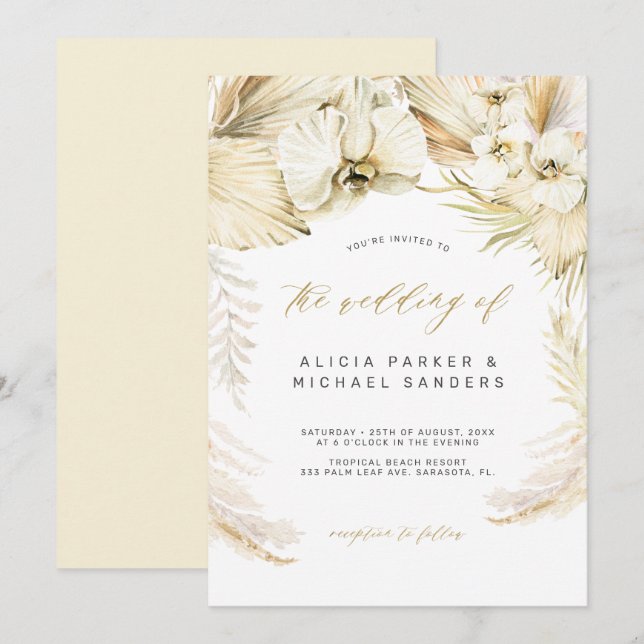 Pampas grass gold orchid tropical bohemian wedding invitation (Front/Back)