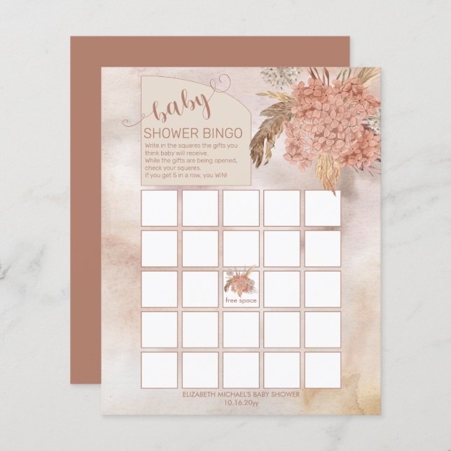 Pampas Grass | Hydrangeas Baby Shower Bingo Card (Front/Back)