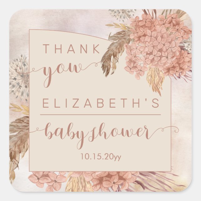 Pampas Grass | Hydrangeas Baby Shower Thank You Square Sticker (Front)