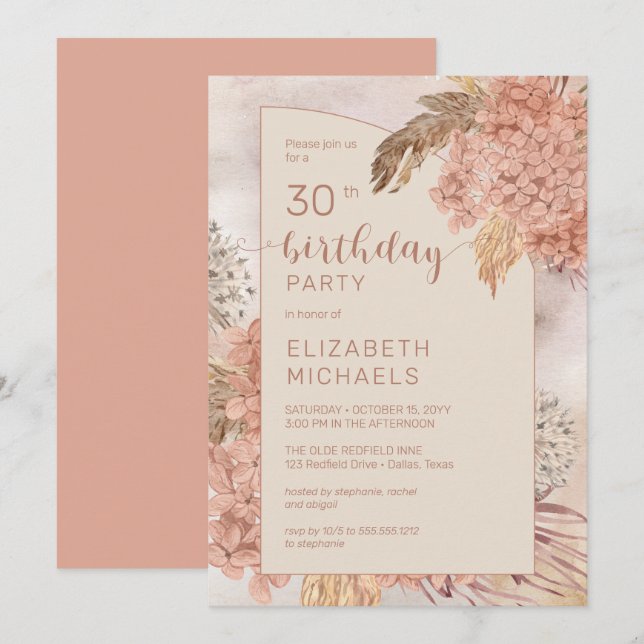 Pampas Grass Hydrangeas Blooms 30th Birthday Party Invitation (Front/Back)