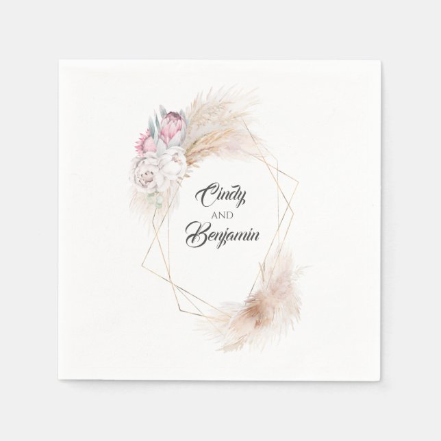 Pampas Grass King Protea Floral Wreath Wedding Napkin (Front)