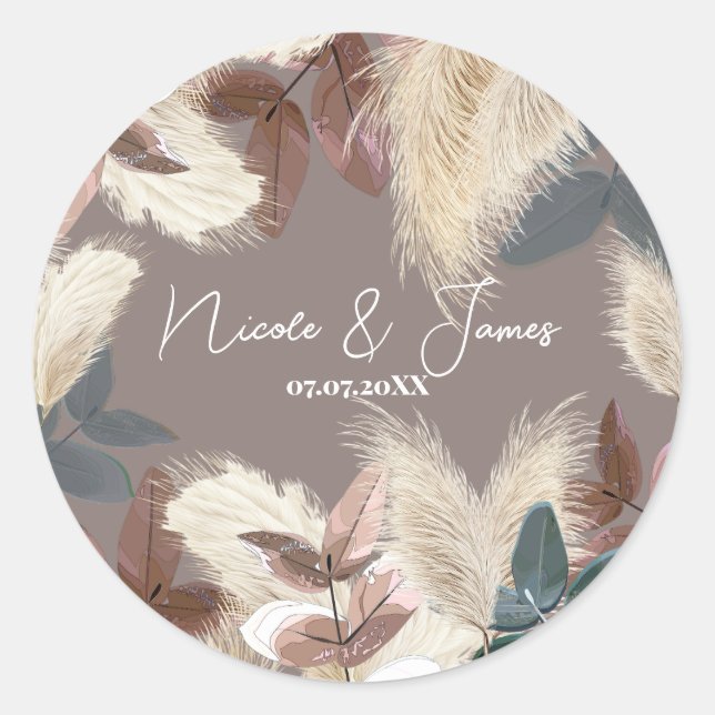 Pampas Grass & Leaves Earthy Bohemian Wedding Classic Round Sticker (Front)