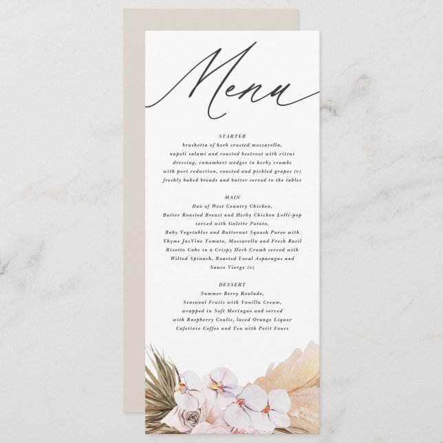 Pampas grass modern botanical bohemian script menu (Front/Back)