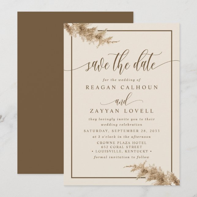 Pampas Grass Modern Calligraphy Save The Date (Front/Back)