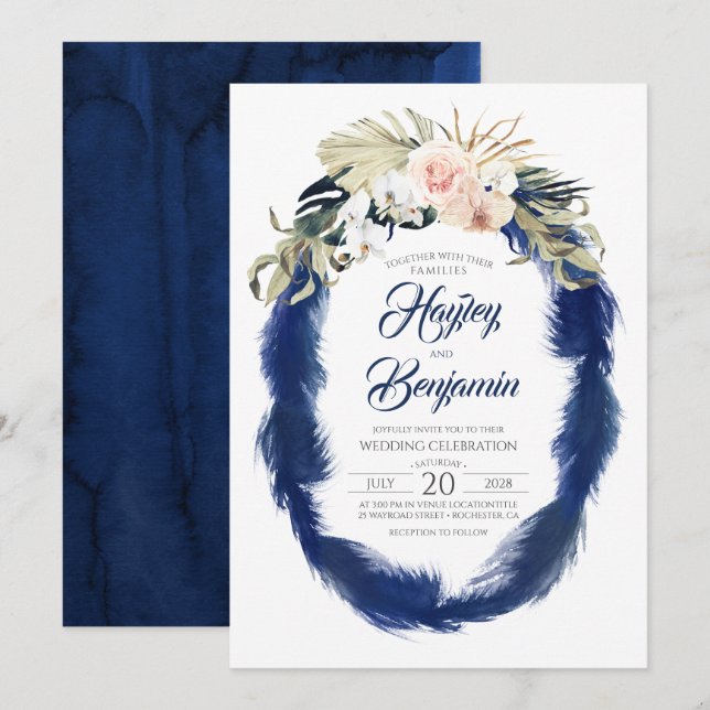 Pampas Grass Navy Blue and Pink Tropical Wedding Invitation (Front/Back)