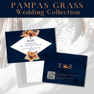 Pampas Grass Navy Blue Autumn Fall QR Code RSVP Card