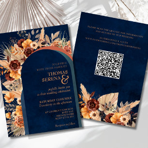 Pampas Grass Navy Blue Terracotta Fall QR Code Invitation