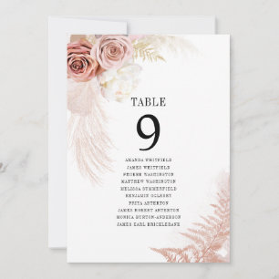 Pampas Grass Numéro de table Mariage Plan de siège