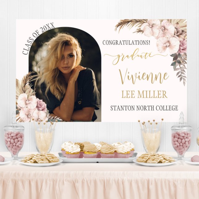 Pampas Grass Orchid Floral Photo Graduation Party Banner (Creator Uploaded)