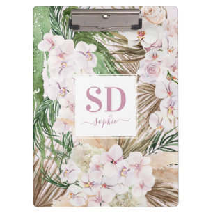Pampas grass, orchid, tropical foliage script text clipboard