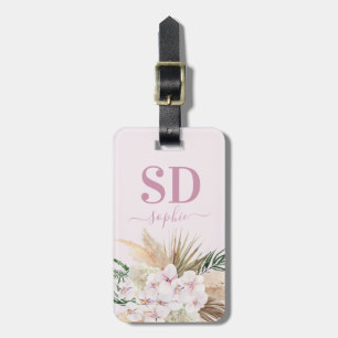 Pampas grass, orchid, tropical foliage script text luggage tag