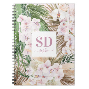 Pampas grass, orchid, tropical foliage script text notebook