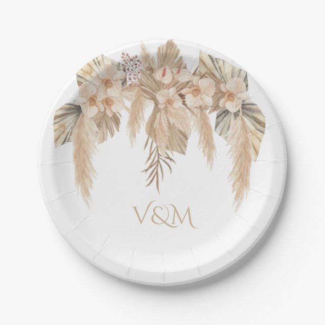 Pampas Grass Orchids Topical Boho Paper Plate (Front)