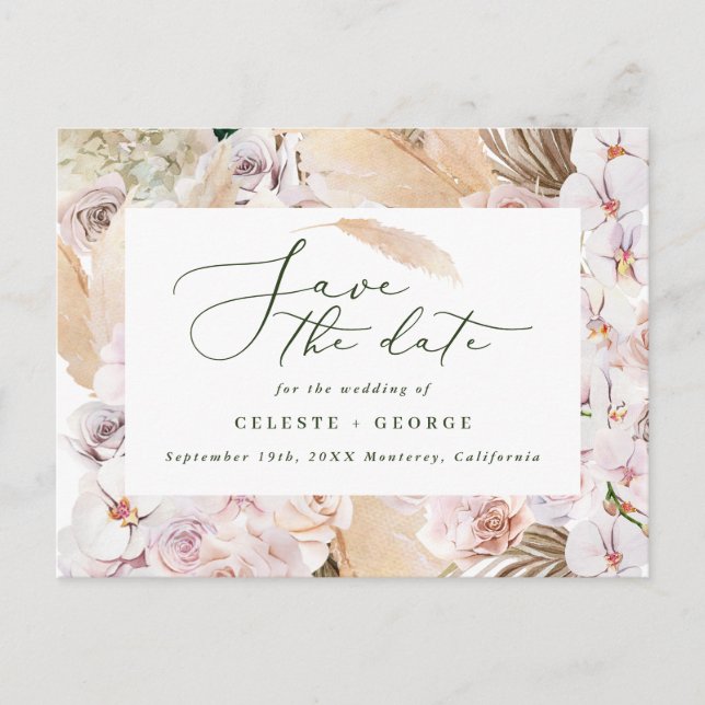 Pampas grass palm foliage orchid modern rustic announcement postcard (Front)