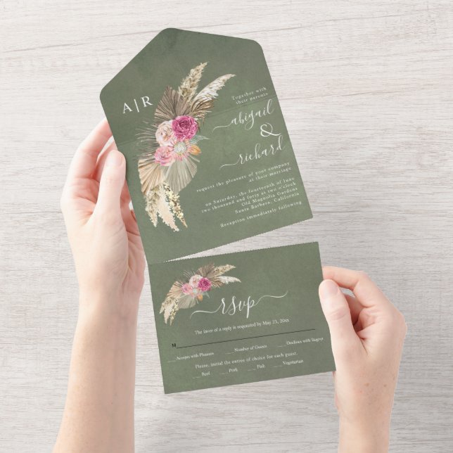 Pampas grass, palm leaves green stained wedding all in one invitation (Tearaway)