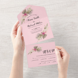 Pampas grass palm leaves roses blush pink wedding all in one invitation