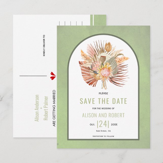 Pampas grass, palm leaves sage green Save the Date Postcard (Front/Back)