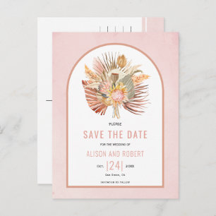 Pampas grass, palm leaves soft pink Save the Date Postcard