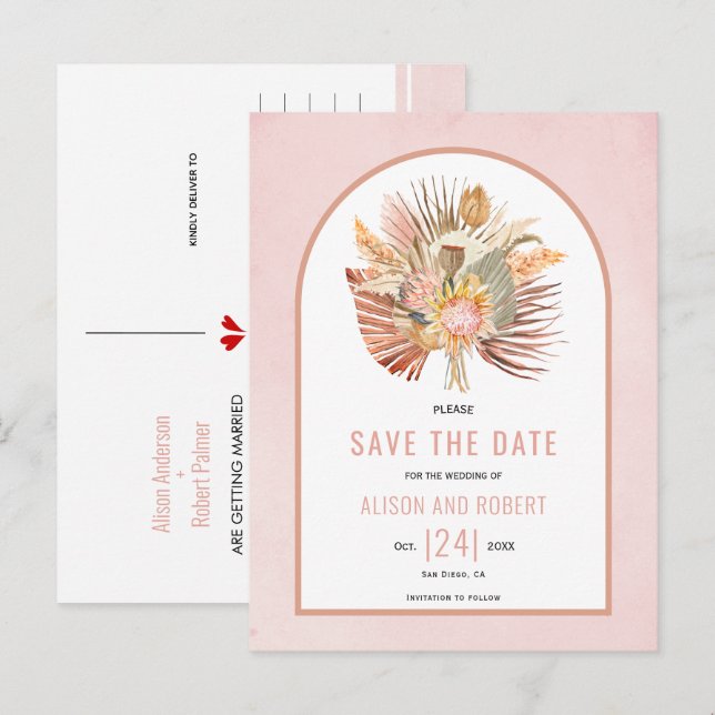 Pampas grass, palm leaves soft pink Save the Date Postcard (Front/Back)