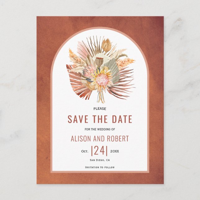 Pampas grass, palm leaves tropical Save the Date Postcard (Front)