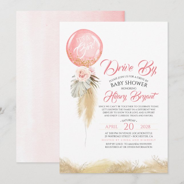 Pampas Grass Pink Balloon Drive By Baby Shower Invitation (Front/Back)