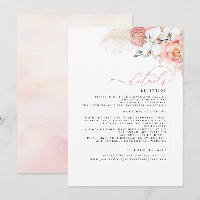 Pampas Grass Pink Blush Wedding Details Enclosure Card (Front/Back)