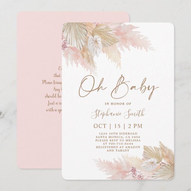 Pampas Grass Pink Boho Chic Baby Shower Girl Invitation (Front/Back)