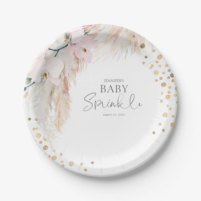 Pampas Grass Pink Floral Baby Sprinkle Paper Plate (Front)