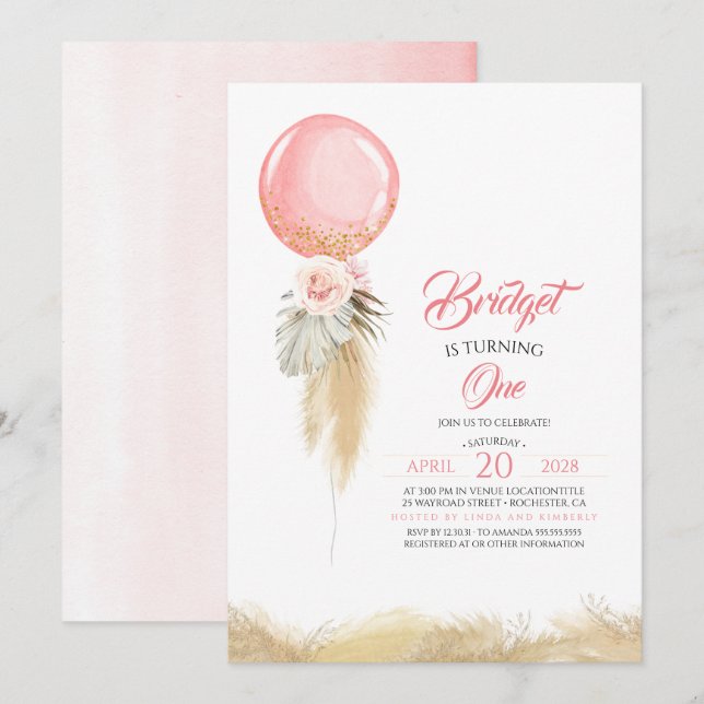 Pampas Grass Pink Floral Balloon Exotic Birthday Invitation (Front/Back)