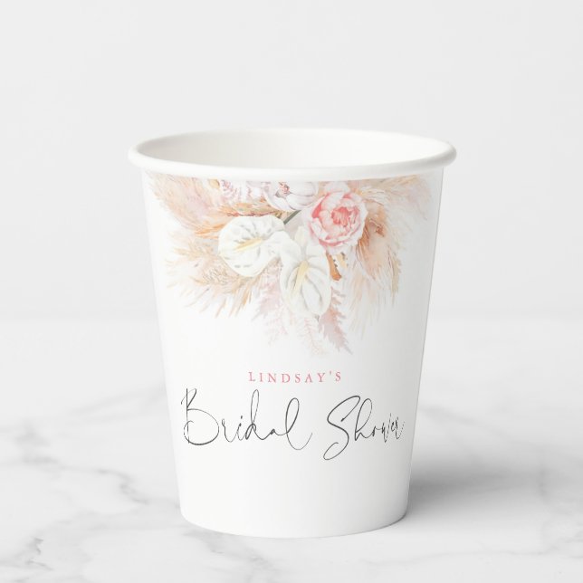 Pampas Grass Pink Floral Bridal Shower Paper Cups (Back)