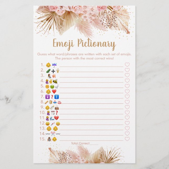 Pampas Grass Pink Floral Emoji Pictionary Game (Front)