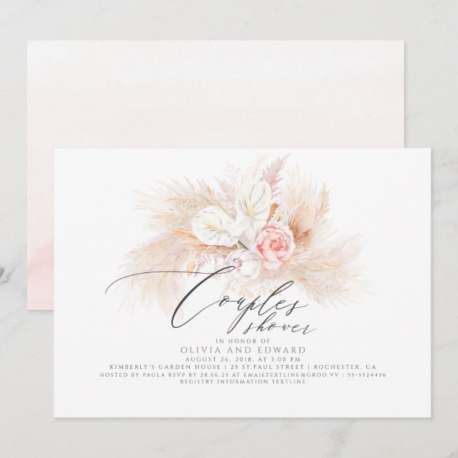 Pampas Grass Pink Floral Exotic Couples Shower Invitation (Front/Back)