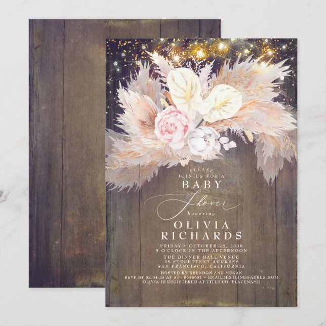 Pampas Grass Pink Floral Rustic Baby Shower Invitation (Front/Back)