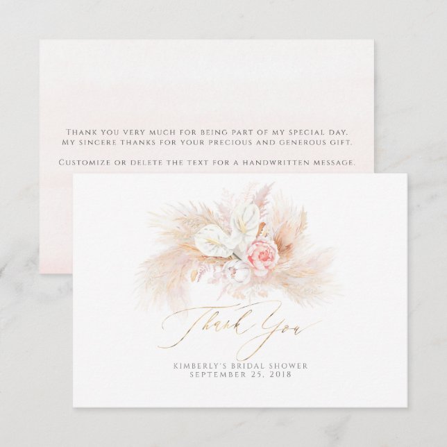 Pampas Grass Pink Floral Small Thank You Card (Front/Back)