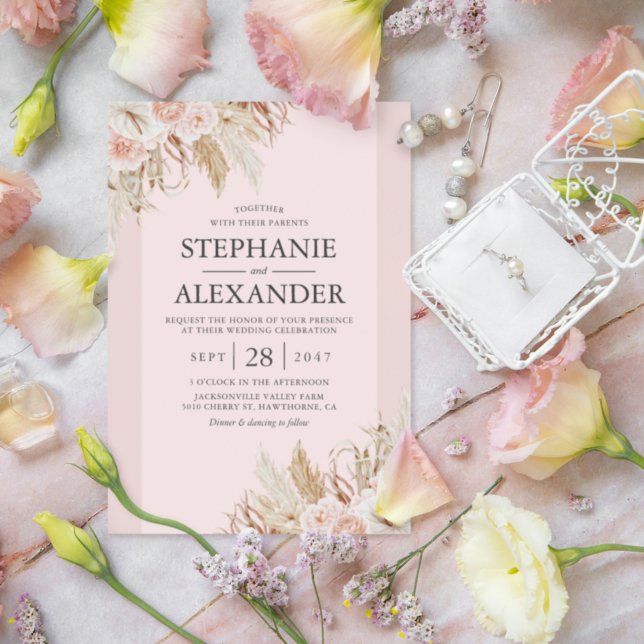 Pampas Grass Pink Floral Wedding Invitation (Creator Uploaded)