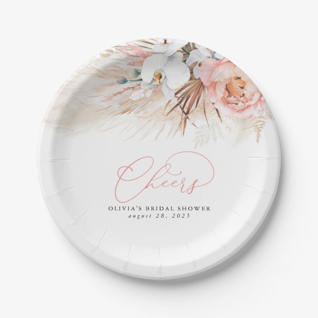Pampas Grass Pink Flowers Cheers Tropical Paper Plate (Front)