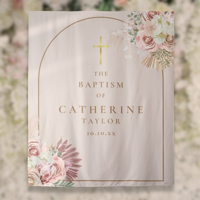 Pampas Grass Pink Gold Arch Baptism Photo Backdrop Tapestry (Pampas Grass Pink Gold Arch Baptism Photo Backdrop)