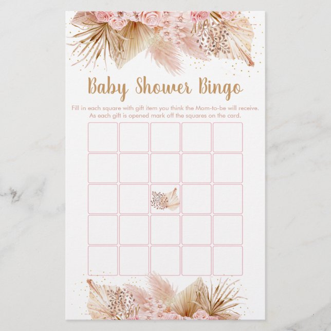 Pampas Grass Pink Gold Baby Shower Bingo Game (Front)