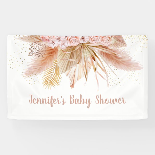 Pampas Grass Pink Gold Floral Baby Shower Banner (Horizontal)