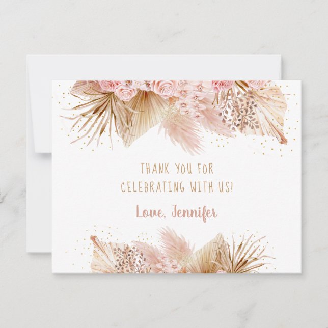 Pampas Grass Pink Gold Floral Baby Shower Thank You Card (Front)